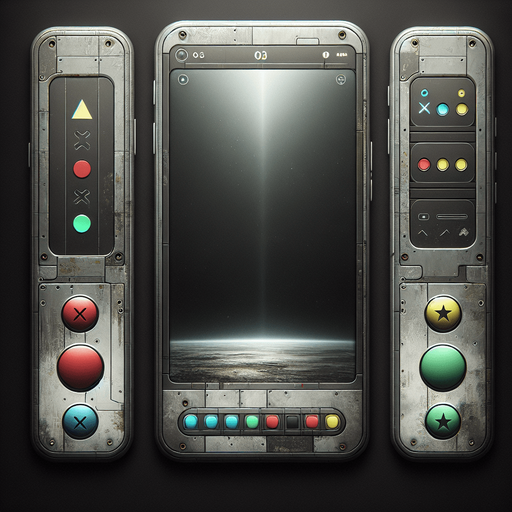 Design a clean and minimalistic landscape-oriented mobile phone interface inspired by Star Wars, adhering to user-friendly web design principles. The frame has a sleek, weathered industrial aesthetic with rounded edges and a muted metallic finish. The screen is completely empty, providing a clean and open space.

At the bottom of the HUD, align four large buttons in a simple, straight row. Each button features a unique, bold shape: a triangle, a square, an X, and a star. The buttons are evenly spaced, brightly colored (e.g., red, green, blue, yellow), and have a subtle glow with smooth, tactile designs to make them visually distinct and user-friendly.

The background incorporates faint industrial details, such as subtle panel lines or rivets, to reinforce the Star Wars aesthetic without overwhelming the design. The interface balances functionality and thematic style while maintaining a minimalist and intuitive layout focused on the aligned button array..
Single Game Texture. In-Game asset. 2d. Blank background. High contrast. No shadows.