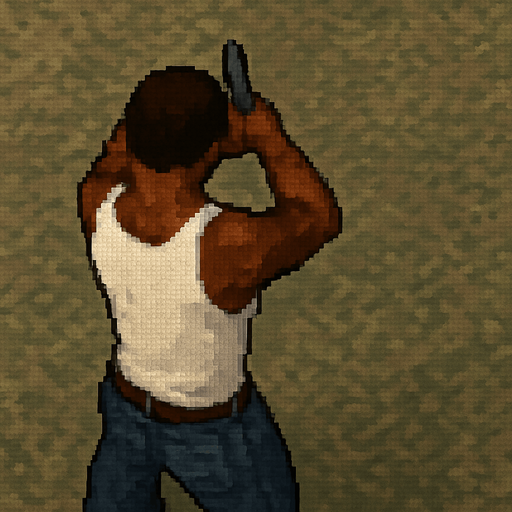 cj de gta san andreas con perspectiva trasera desde arriba usando un arma, hecho con pixeles.