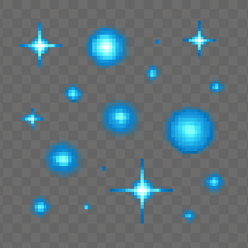 "2D pixel art of glowing blue sparkle effects. Multiple soft, magical blue glows of different sizes are scattered across the canvas, each with a bright core and a gentle radiant halo. Some glows are small star-like sparkles, while others are circular energy pulses or twinkling particles. The blue tones range from light cyan to deep magical blue, giving the effect a mystical and fantasy feel. Designed in a clean, classic 16-bit RPG pixel art style. Transparent background.".
In-Game asset.  2d.  High contrast.  No shadows