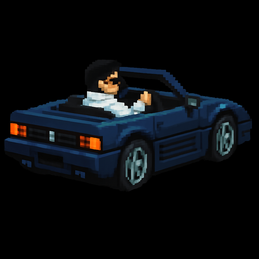 The hair color of the driver is black and he wears a futuristic white jacket. The car is dark blue