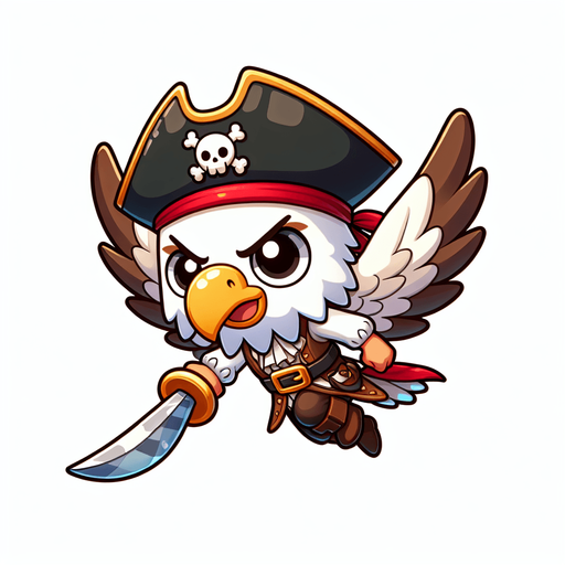 chibi cartoon eagle pirate fly.
Single Game Texture.  In-Game asset.  2d.  Blank background.  High contrast.  No shadows
