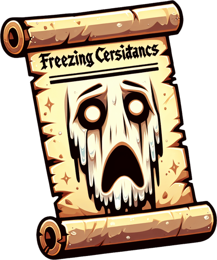 a pergament letter with the name "freezing Circumstances". It has a very froozen shocked face on it. Single Game Texture. In-Game asset. 2d. Blank background. High contrast. No shadows.