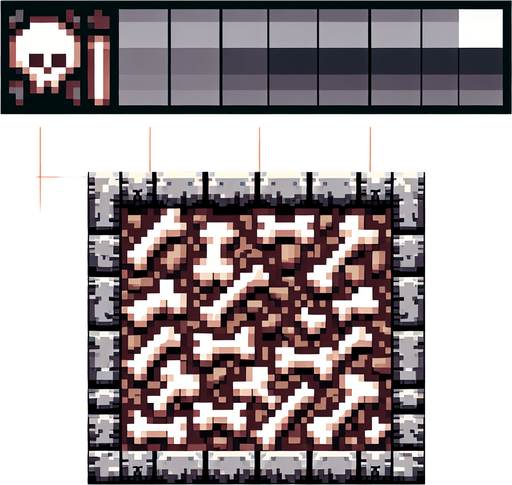 Single Game Texture. In-Game asset. 2d. Blank background. High contrast. No shadows. Single Game Texture. In-Game asset. 2d. Blank background. High contrast. No shadows. A pixel art sprite in a Super Nintendo, Super Castlevania style that looks like a small pile of bones