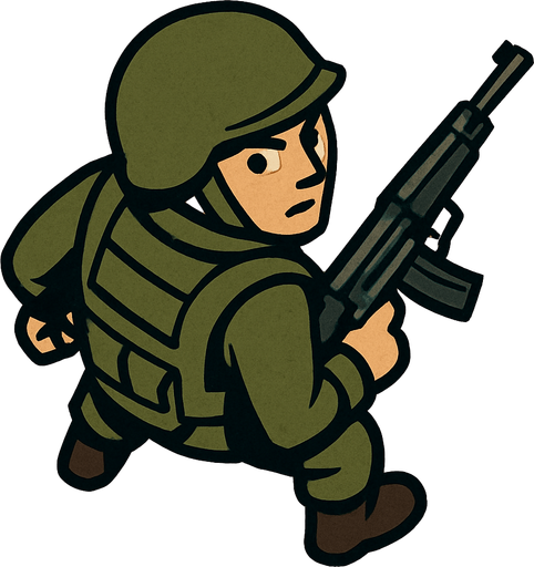 Let's look at soldiers from a bird's eye view, but the soldier should look back and have a weapon in hand..
In-Game asset.  2d.  High contrast.  No shadows
