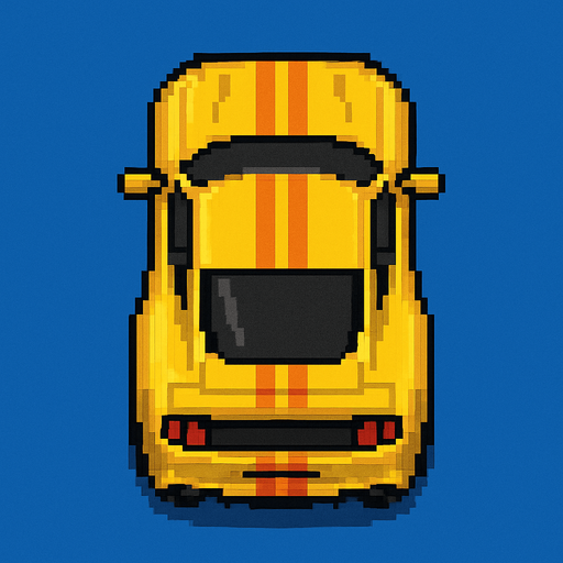 un auto amarillo deportivo con perspectiva desde arriba hecho con pixeles.
In-Game asset.  2d.  High contrast.  No shadows con perspectiva trasera