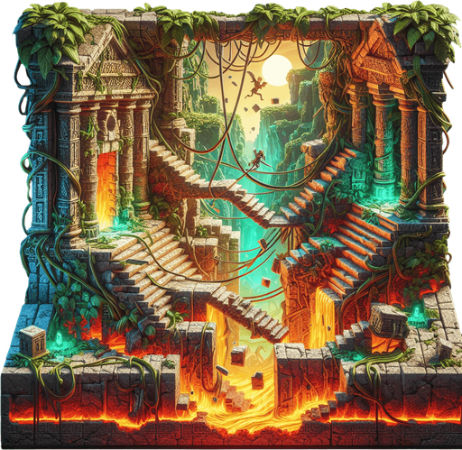 When describing a challenge's image, make it visual and engaging. Here's a structure to follow:

Visual Elements: Describe key objects, characters, or settings.
Mood/Atmosphere: Set the tone (fun, intense, adventurous).
Action/Scenario: Highlight what’s happening in the challenge.
Example 1 (Puzzle Challenge):
"A glowing maze with shimmering walls. Friends work together to guide a light orb through the twisting paths under a starry sky."

Example 2 (Action Challenge):
"An ancient jungle temple surrounded by vines and traps. Players leap across crumbling platforms to escape a rising flood of lava.".
Single Game Texture. In-Game asset. 2Template Text for Challenge:
Template Structure:
Challenge Name
Objective
Instructions
Reward/Point System
Example Template:

Challenge Name: Lava Leap
Objective: Cross the temple without falling into the lava.
Instructions: Use the arrow keys to jump between platforms. Time your jumps carefully to avoid obstacles.
Reward: Earn 10 points for each successful jump and a bonus for completing the level quicklyd. Blank background. High contrast. No shadows.