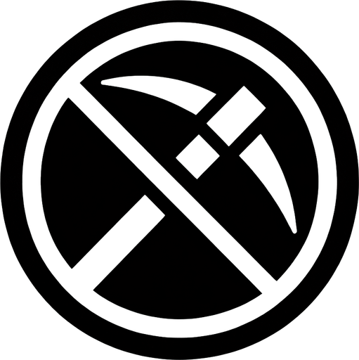 pickaxe with a circle around it and a slash going from the top of the circle to the bottom.
Single Game Texture.  In-Game asset.  2d.  Blank background.  High contrast.  No shadows