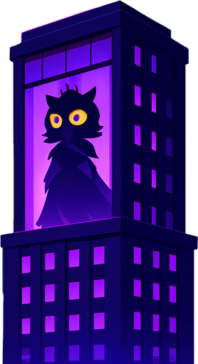 A cinematic 2D cartoon-style night cityscape featuring a tall, dark purple skyscraper with glowing violet lights. From a distant view, on the top floor, a large glass window reveals the silhouette of a mysterious owl princess. She has a crown, flowing dress, and large glowing orange eyes, barely visible behind the glass. The building reflects moonlight, surrounded by other modern towers and misty clouds. The owl silhouette gives a feeling of sorrow or urgency. High detail background, vector-style with vibrant contrast, no shadows, magical atmosphere. Game-ready, dramatic storytelling frame..
In-Game asset.  2d.  High contrast.  No shadows