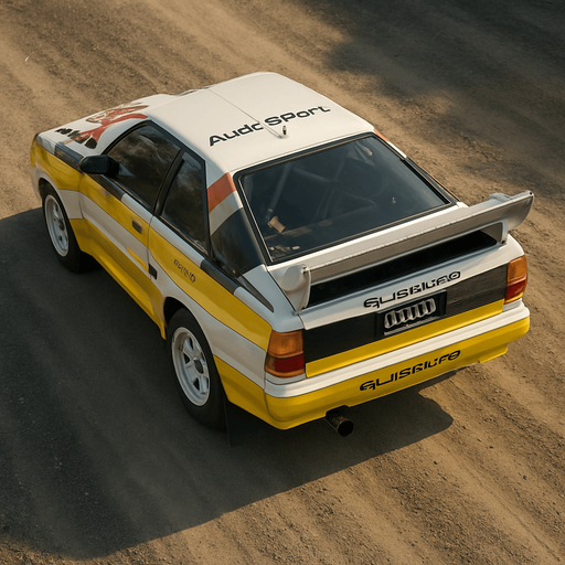 Photorealistic audi b2 quattro RALLYCAR, drone topview from back. Angle should be 45 degrees in the top right corner of the screen