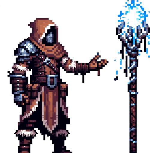 orc mage, leather armor, staff with glowing crystal with freezing power. front facing, arms and legs clearly visible, wearing a hood made of cloth..
Single Game Texture.  In-Game asset.  2d.  Blank background.  High contrast.  No shadows, 16 bit pixel art