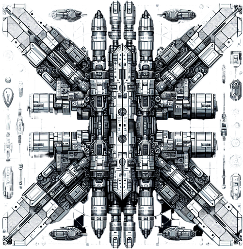 double sided space ship. symetrical.
Single Game Texture.  In-Game asset.  2d.  Blank background.  High contrast.  No shadows, color, neon