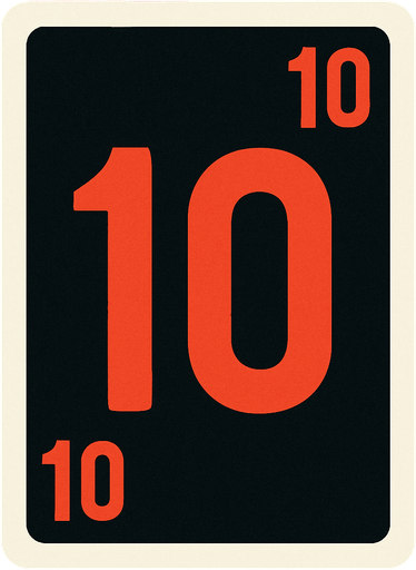 Rectangular card numbered 10, with a white border around it and a dark background..
In-Game asset.  2d.  High contrast.  No shadows