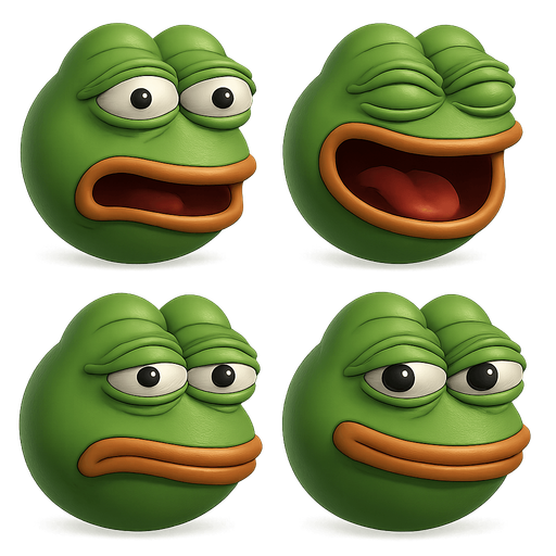 sprite sheet of Pepe the frog meme face with various exagerated facial expressions. each face shaped as a round marble shaped face made in blender 3D. arrange faces in a 2 by 2 grid