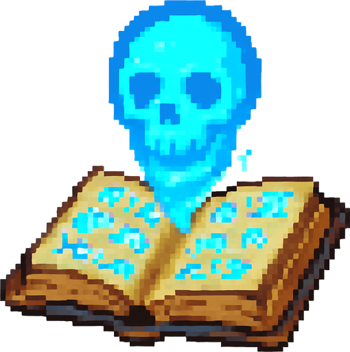 "2D pixel art of a glowing blue skull symbol emerging from an open magical spellbook. The spellbook has old, worn covers and glowing arcane runes on its pages. The skull symbol floats above the book, made of radiant blue magical energy, slightly transparent and softly glowingl. Style is classic 16-bit fantasy RPG pixel art. Transparent background.".
In-Game asset.  2d.  High contrast.  No shadows.
In-Game asset.  2d.  High contrast.  No shadows