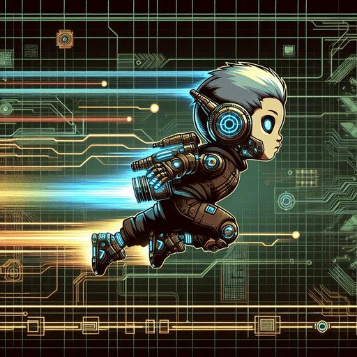 Horizontal Endless Runner Cyberpunk flying Kid with a jetpack.
Single Game Texture. In-Game asset. 2d. Blank background. High contrast. No shadows.