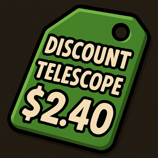 Green pricetag that says discount Telescope $2.40.
In-Game asset.  2d.  High contrast.  No shadows