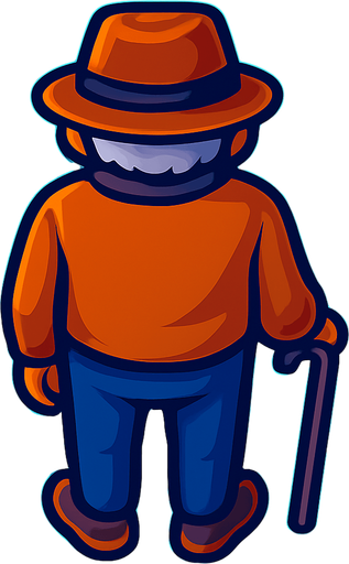 An old man with a cane and hat. Still facing straight forward with back facing straight down.