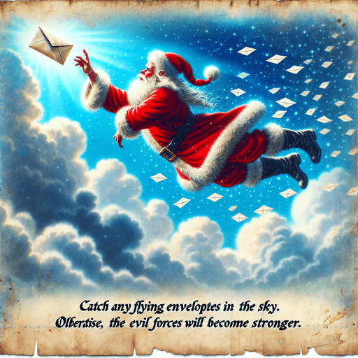 a pergament of santa catching a flying envelope in the sky. There is the text "Catch any flying envelopes in the sky. Otherwise the evil forces will become stronger."