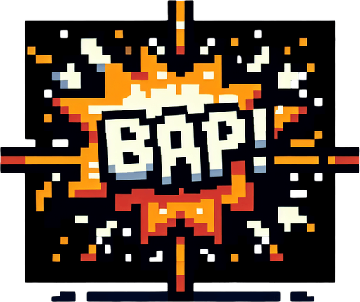 pixel art "bap!" explosion
Single Game Texture. In-Game asset. 2d. Blank background. High contrast. No shadows.