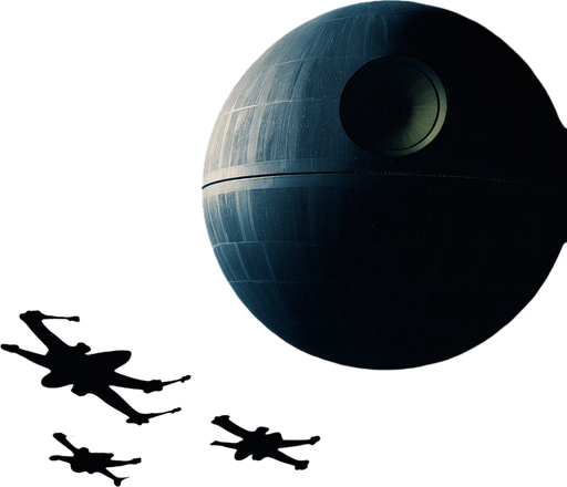 A cinematic sci-fi background set in deep space, featuring the iconic Death Star looming in the distance with dramatic lighting. The foreground includes distant Rebel or Imperial starfighters flying across the stars, with a nebula glowing behind them in shades of blue, purple, and black. The Death Star is partially in shadow, with visible surface details like trenches and superlaser dish glowing faintly. Stars and cosmic dust fill the background, adding depth and realism. The mood is epic and mysterious, perfect for a Star Wars-themed environment. 4K resolution, widescreen layout, concept art style, high detail, suitable as a desktop or game background..
In-Game asset.  2d.  High contrast.  No shadows