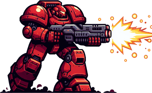 red robot look like gundam shoot enemy.
Single Game Texture.  In-Game asset.  2d.  Blank background.  High contrast.  No shadows
