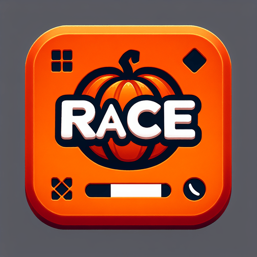 button that says race in orange, black outline of the letters. high contrast. has a pumpkin on it square button with rounded corners
Single Game Texture. In-Game asset. 2d. Blank background. High contrast. No shadows. png background