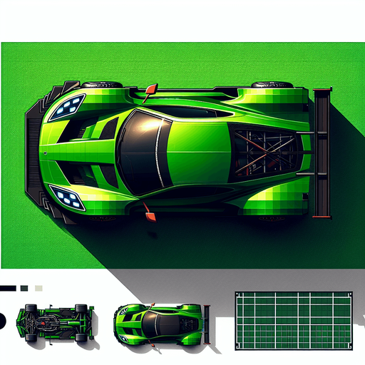 top down view of green color racing car.
Single Game Texture.  In-Game asset.  2d.  Blank background.  High contrast.  No shadows