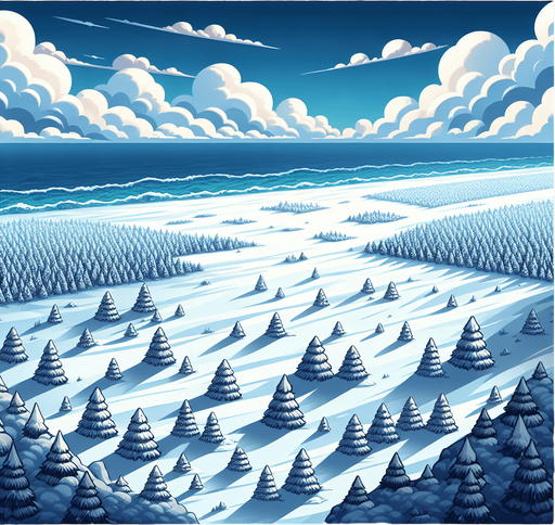 A snow covered plains stretching to horizon. Top down perspective view from afar. Rich winter colors. Illustration. Single Game Texture. In-Game asset. 2d. Blank background. High contrast. No shadows.