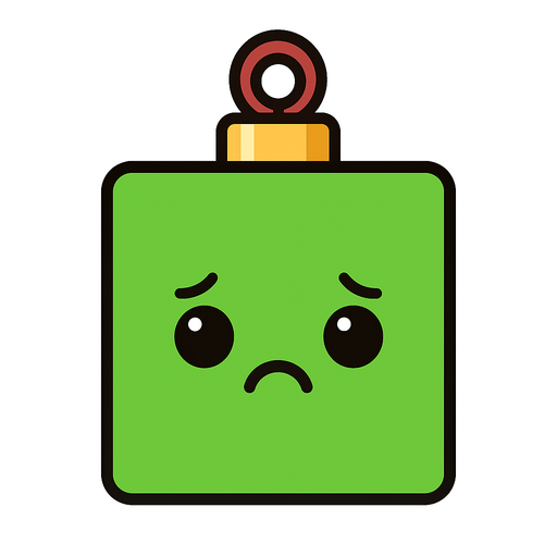 a sad perfectly square bright green Christmas decoration with cute happyy face. Cartoon style. Cute art style. Simple vector style. No Shadows.
In-Game asset.  2d.  High contrast.  No shadows