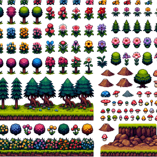 Create a sprite sheet featuring various forest landscape elements, including flowers, small hills, dug holes, mushrooms, trees, bushes, and rocks. Each element should be designed in a detailed pixel art style, reminiscent of classic 32-bit era video games. Ensure that the colors are vibrant and natural, with each element distinctly recognizable. The flowers should have a variety of colors and shapes, the hills should have gentle slopes, the holes should look freshly dug, the mushrooms should be varied in size and color, the trees should have detailed bark and lush canopies, the bushes should be dense with leaves, and the rocks should have texture and shading. Arrange the elements on a neutral background, with each item neatly aligned in rows and columns for easy identification and use in game development..
Single Game Texture. In-Game asset. 2d. Blank background. High contrast. No shadows.