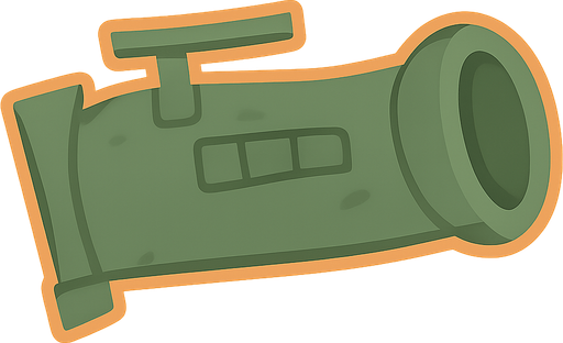 Un cañón verde estilo cartón plano y con un aura naranja resplandeciente  como borde. No background. Transparent background. Blank background. No shadows. 2d. In-Game asset. flat