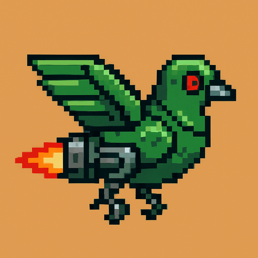 Pixel art of a smaller robotic pigeon with jet wings and a streamlined shape. Fast enemy type in a 2D arcade game. Side view, green metal feathers.
In-Game asset.  2d.  High contrast.  No shadows