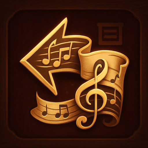 Design a button icon for "Back to Menu" in a fantasy tower defense game set in a haunted, musical concert hall.

The button should feature a stylized arrow pointing left, wrapped in or formed by musical elements such as a ribbon of notes, a bass clef, or a scroll with a staff line.

The background should be elegant and soft: deep velvet red or dark wood with subtle glow.
Optional: add a small menu symbol (like sliders or a parchment icon) subtly integrated behind or beneath the arrow.

Keep the icon square (256×256 px), readable at small sizes, and without text.
Style should match the UI of the game—refined, fantasy-themed, and orchestral in tone..
In-Game asset.  2d.  High contrast.  No shadows