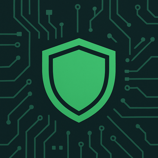 Green, simple shield icon, clean minimal futuristic design, top-down view, 76x76 pixels, matches sci-fi circuit board theme, no text, no glow, no effects, just flat shape.
In-Game asset.  2d.  High contrast.  No shadows