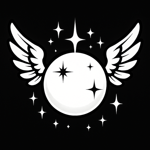 una esfera blanca con destellos con alas de angel a los lados.
In-Game asset.  2d.  High contrast.  No shadows