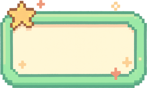 A horizontally-oriented pixel art score frame designed for a cute 2D retro game.
The frame is meant to be placed at the top center of the screen during gameplay.
It has a soft pastel green or cream background with a rounded rectangular shape.
The inside of the frame is filled with a solid light color (not transparent), ready for number assets to be placed on top.
The border is subtle and cute, with minimal decorative details like tiny sparkles or stars to match the playful and colorful retro game aesthetic..
In-Game asset.  2d.  High contrast.  No shadows. pixel art. side view. cute. pastel colors. soft edges. retro ui. video game hud. minimal