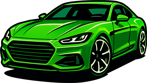 Car image but its head should be on right side not left. Make a fancy car colored green..
In-Game asset.  2d.  High contrast.  No shadows