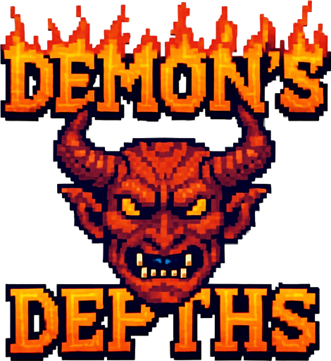 Pixel art logo for a game called ‘Demon’s Depths’. Big demon head with the title of the game split on top and bottom. The words are made of flame. White background
In-Game asset.  2d.  High contrast.  No shadows