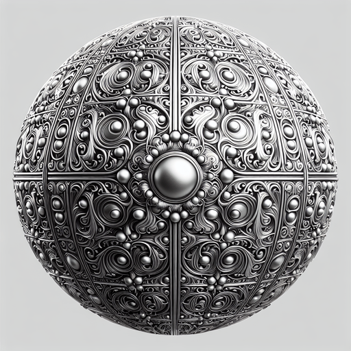 silver milenium ancient ball pattern.
Single Game Texture.  In-Game asset.  2d.  Blank background.  High contrast.  No shadows