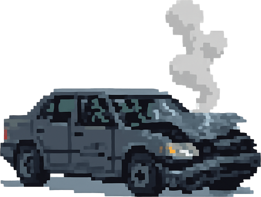 A wrecked grey car with broken windows and smoke coming from the hood but pixel art style . No background. Transparent background. Blank background. No shadows. 2d. In-Game asset. flat