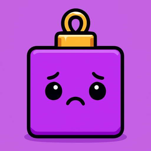 a sad Perfectly square bright purple Christmas decoration with cute . Cartoon style. Cute art style. Simple vector style..
In-Game asset.  2d.  High contrast.  No shadows