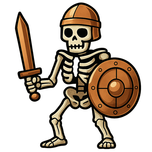 Skeleton with copper sword, copper helmet and copper shield.
In-Game asset.  2d.  High contrast.  No shadows
