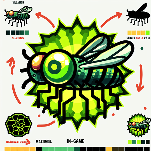 Cartoon. Green nuclear toxic fly
Single Game Texture. In-Game asset. 2d. Blank background. High contrast. No shadows.