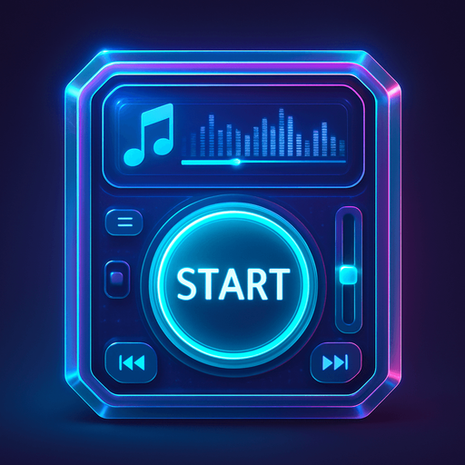 Start button in the shape of a protorealistic holographic futuristc music player.
Front view.