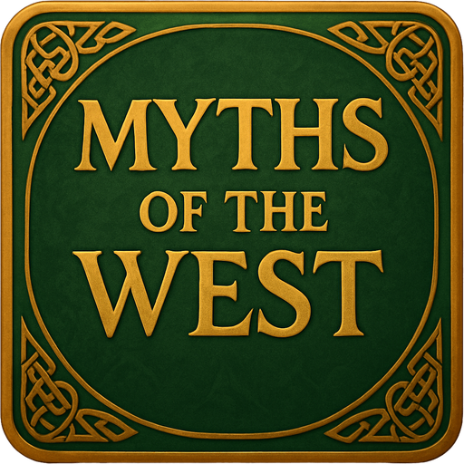 Kare ama köşeleri oval bir banner. LOTR tarzı. Yeşil ve altın sarısı ağırlıklı. İçinde "Myths of the West" yazıyor.
