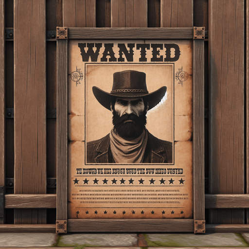 western wanted poster.
Single Game Texture. In-Game asset. 2d. Blank background. High contrast. No shadows.