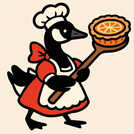 A Canadian Goose in maid chef outfit armed with spoon with tangerine pie on it.
In-Game asset.  2d.  High contrast.  No shadows