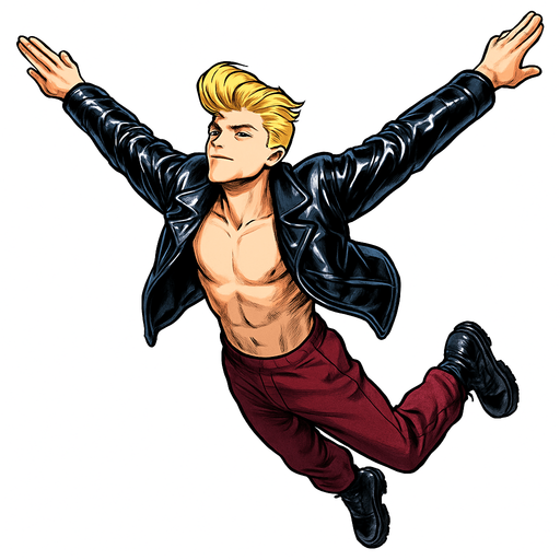 Swishy graceful man Cyberpunk manga, flying skydiving arms and legs flat straight face up, shiny black leather biker jacket longsleeves shirtless Skinny abs blonde pompadour guy, action shot wine red joggers combat boots, Background removed, "Full-body character, entirely in frame, no cropping of face, head, or feet" "Complete character visible, from head to toe, fully centered in the image" "Entire character, including face and boots, fully within the frame" Character fully contained within a square frame, no edges cut off fashion model pose