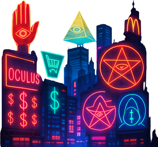 cyberpunk neon anime metropolis skyline holograms billboards, occult-capitalism-consumerism imagery nighttime futuristic architecture glow
