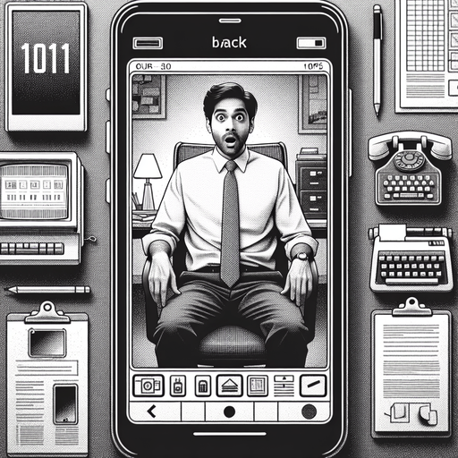 A clean mobile app interface designed to display photos from a user’s phone, with a retro aesthetic for the displayed image. The screen showcases a single black-and-white photo, styled to mimic a grainy 90s film capture. The photo shows a young man in his 30s, sitting in an office chair and looking surprised at the camera as if caught off guard.

The office environment is cluttered with retro elements like a CRT monitor, stacks of papers, a desk lamp, and a vintage rotary phone. The monitor subtly displays binary code '1011,' hidden among other on-screen data. The photo frame has faint edges, resembling a classic film border, with subtle scratches and grain to enhance the retro feel. The app interface itself is minimal, with a back arrow at the top-left and a small menu icon at the top-right, keeping the focus on the photograph..
Single Game Texture. In-Game asset. 2d. Blank background. High contrast. No shadows.